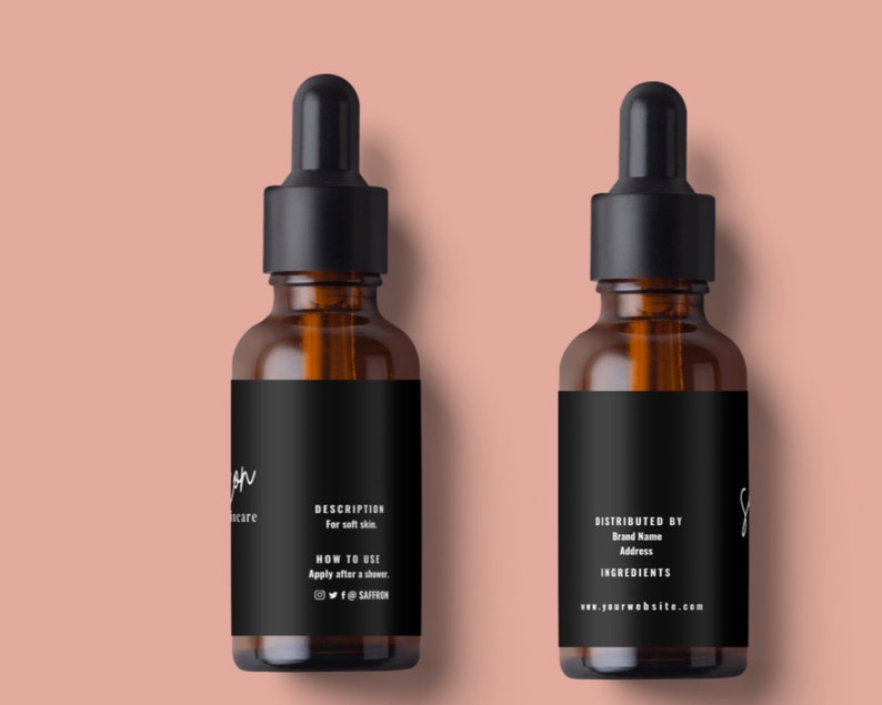 May include: Two amber glass skincare bottles with black droppers and labels. The labels include the brand name, description, how to use, and website address. The bottles are set against a peach background.