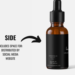 May include: Amber glass bottle with a black dropper and a black label. The label includes the text "honey" and "A 100% natural" along with social media handles and a website address. The image also includes the word "SIDE" and instructions.