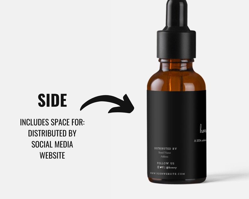May include: Amber glass bottle with a black dropper and a black label. The label includes the text "honey" and "A 100% natural" along with social media handles and a website address. The image also includes the word "SIDE" and instructions.