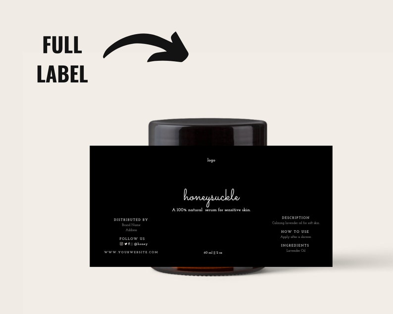 May include: A black label wraps around a brown glass jar, with the word "honeysuckle" in white script. The label states "A 100% natural serum for sensitive skin." The jar has a black lid and contains 60 ml / 2 fl oz of product.