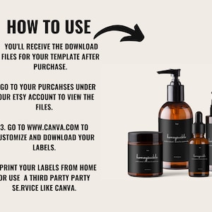 May include: A product mockup featuring a set of honeysuckle-branded cosmetic containers. The set includes a jar, a pump bottle, a dropper bottle, and a spray bottle, all with black labels. Instructions on how to use the template are displayed at the top.