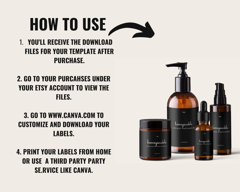 May include: A product mockup featuring a set of honeysuckle-branded cosmetic containers. The set includes a jar, a pump bottle, a dropper bottle, and a spray bottle, all with black labels. Instructions on how to use the template are displayed at the top.