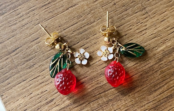 Czech Glass Bead Strawberry Earrings