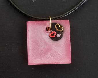 Pink Square Heart Resin Necklace