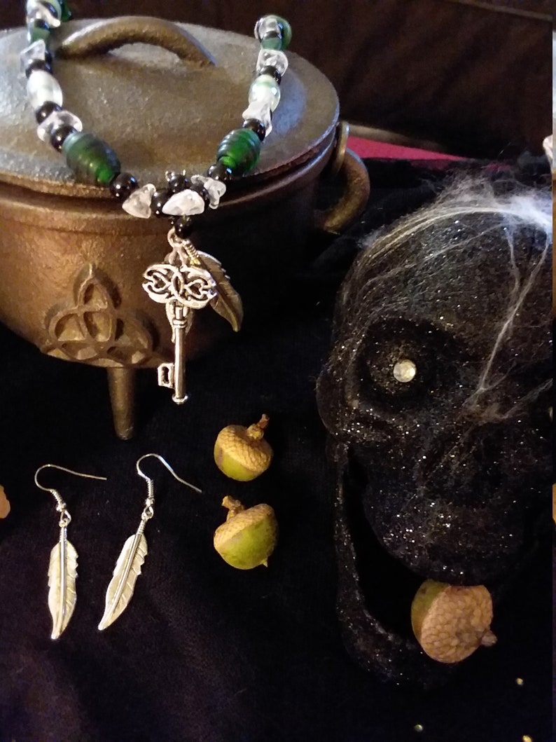 and metal necklace and earring set What the Familiar Knew crystal glass