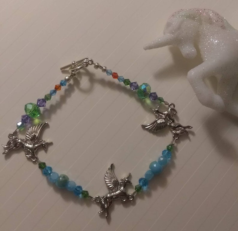 When Horses Had Wings unicorn anklet with multi-colored crystal beads
