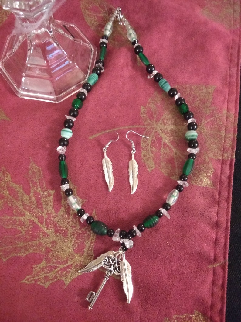 and metal necklace and earring set What the Familiar Knew crystal glass