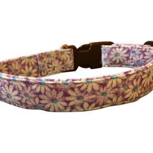 May include: Purple dog collar with a white daisy pattern and a black plastic buckle.