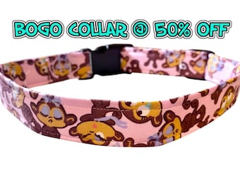 Pink Monkies All Over Dog Puppy Cat Collar, Custom Made, Sturdy Collar, Big Dog Collars, Teacup XXS, BOGO @ 50% Off, ( See Description)