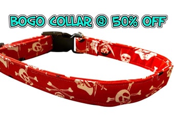 Pirates On Red All Over, Dog Puppy Cat Collar, Custom Made, Sturdy Collar, Big Dog Collars, Teacup XXS, BOGO @ 50% Off, ( See Description)