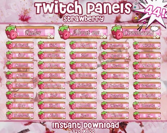 MASSIVE SET 44x Strawberry Twitch Panels | Cute Pink Twitch Overlays Panel Bundle Pack