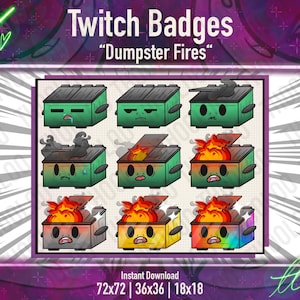 Badge sub Twitch Dumpster Fire - Set di emote carini e caotici per streamer / 9 icone a livelli per sub trash / Download immediato