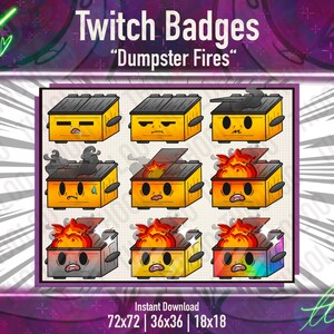 Badge Twitch Sub Yellow Dumpster Fire - Set di emote carini e caotici per streamer / 9 icone a livelli per i sub trash / Download immediato