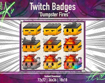 Yellow Dumpster Fire Twitch Sub Badges – Cute & Chaotic Emote Set for Streamers | 9 Tiered Sub Trash Icons | Instant Download