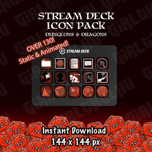 May include: A red and black digital icon pack for the Stream Deck, featuring Dungeons & Dragons themed icons. The pack includes over 130 static and animated icons, with a size of 144 x 144 pixels. The icons are displayed on a black background with a red border.