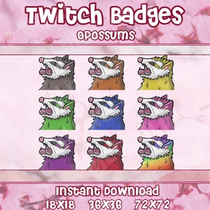 Könnte beinhalten: Neun verschiedene Twitch-Badges mit einem Cartoon-Opossum in verschiedenen Farbschemata, darunter Grau, Orange, Gelb, Grün, Blau, Pink, Lila, Rot und Regenbogen. Die Badges sind mit "Twitch Badges" und "opossums" beschriftet.