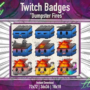 Badge per abbonamenti Twitch Blue Dumpster Fire - Set di emote carini e caotici per streamer / 9 icone per abbonamenti a livelli / Download immediato