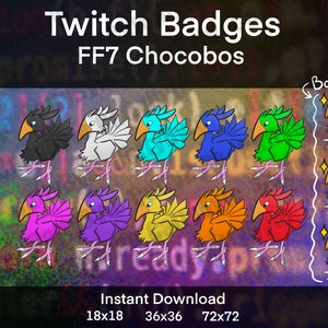 May include: A set of 12 colorful Chocobo Twitch badges featuring different colors and poses. The badges are available in three sizes: 18x18, 36x36, and 72x72. The text "Bonus!" is written above a set of three additional badges.