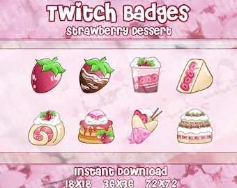 8x Strawberry Dessert Badges | Cozy Pink Sub Bit Badges for Streamers