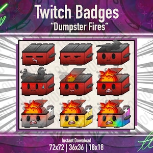 Badge Twitch per abbonati Red Dumpster Fire - Set di emote carini e caotici per streamer / 9 icone a livelli per abbonati / Download immediato