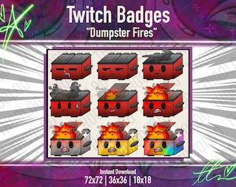 Red Dumpster Fire Twitch Sub Badges – Cute & Chaotic Emote Set for Streamers | 9 Tiered Sub Trash Icons | Instant Download