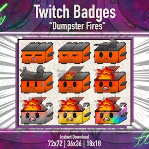 Badge per abbonamenti Twitch Orange Dumpster Fire - Set di emote carini e caotici per streamer / 9 icone a livelli per abbonamenti / Download immediato