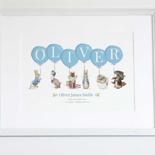 Peter Rabbit Beatrix Potter Personalised Balloon Name Nursery Birth New Baby Picture Print Christening Gift Unframed