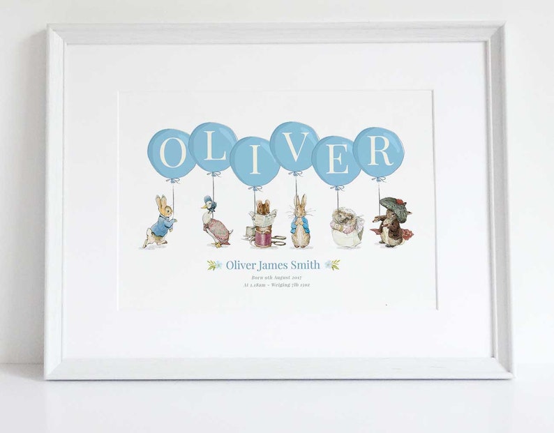 Peter Rabbit Beatrix Potter Personalised Balloon Name Nursery Birth New Baby Picture Print Christening Gift Unframed 