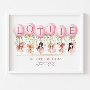 Impresión personalizada de globo de hadas, nombre, guardería, nacimiento, bebé recién nacido, imagen, póster, arte de pared, dormitorio infantil, bautizo, regalo, sin marco