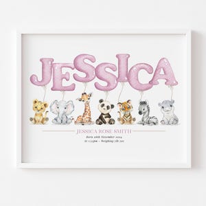 Personalisierte Tier Safari Ballon Druck, Name, Alphabet, Kinderzimmer, Geburt, neues Baby, Bild, Poster, Wandkunst, Taufe, Geschenk, ungerahmt