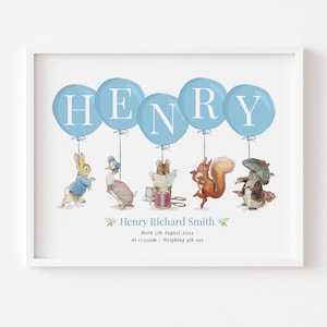 Peter Rabbit Personalisierter Ballon Namensdruck, Kinderzimmer, Geburt, neues Baby, Bild, Poster, Beatrix Potter, Taufe, Geschenk, ungerahmt