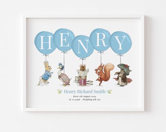 Peter Rabbit Personalised Balloon Name Print, Nursery, Birth, New Baby, Picture, Poster, Beatrix Potter, Christening, Gift, Unframed