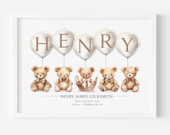 Impresión personalizada de globo de osito de peluche para guardería, arte de pared con nombre de bebé