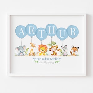 Personalisierter Dschungeltier Ballon Druck, Name, Kinderzimmer, Geburt, neues Baby, Bild, Poster, Wandkunst, Taufe, Geschenk, ungerahmt