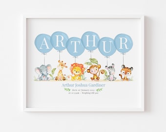 Personalized Jungle Animal Nursery Print, Baby Name Balloons (Digital Option)