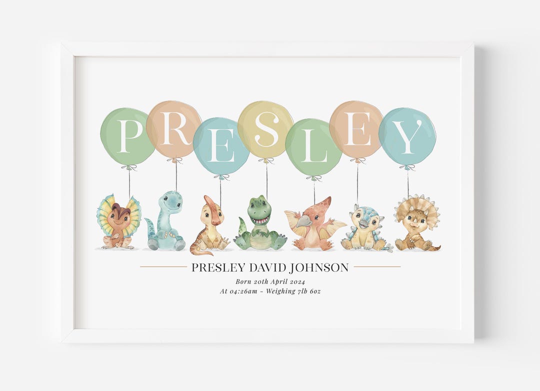 Dinosaur Balloon Personalised Name Nursery Birth New Baby Picture Print