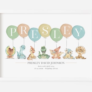 Póster con diseño de globo de dinosaurio personalizado con nombre para guardería, nacimiento de bebé, imagen impresa, arte de pared, regalo de bautizo infantil sin marco