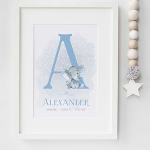 Impresión de imagen de elefante con inicial de animal, nombre personalizado, para guardería, nacimiento, bebé, regalo de bautizo, sin marco