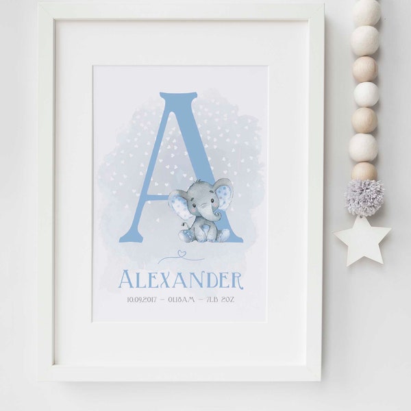 Elephant Initial Animal Personalised Name Nursery Birth New Baby Picture Print Christening Gift Unframed