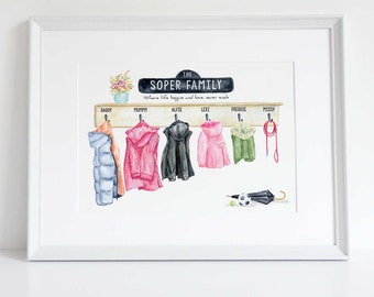 May include: A watercolor illustration of a family's coat rack with the text "The Soper Family, Where life begins and love never ends". The rack has six hooks with names above each hook: Daddy, Mummy, Alfie, Lexi, Freddie, and Missy. There are coats, an umbrella, a soccer ball, and a leash hanging on the hooks.