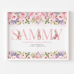 Impresión floral personalizada de Peter Rabbit, nombre, guardería, nacimiento, fotografía de bebé recién nacido, póster, regalo de bautizo, arte de pared, sin marco