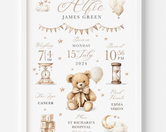 Personalised Teddy Bear Name Birth Announcement Nursery New Baby Picture Stats Print Gift Unframed