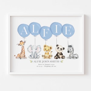 Animal Safari Balloon Personalised Name Nursery Birth New Baby Picture Print Christening Gift Unframed