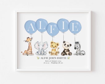 Animal Safari Balloon Personalised Name Nursery Birth New Baby Picture Print Christening Gift Unframed