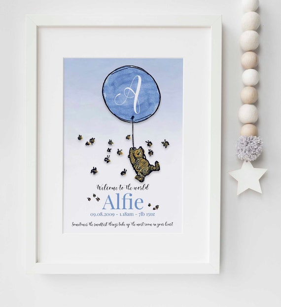 Personalised New Baby Winnie the Pooh Birth Nursery Print Name Christening Gift
