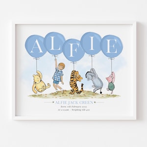 Impresión de globo personalizada de Winnie the Pooh, nombre, guardería, nacimiento, bebé recién nacido, imagen, dormitorio infantil, póster, bautizo, regalo, sin marco