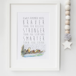 Winnie the Pooh Personalised Quote Braver Stronger Nursery Birth New Baby Picture Print Christening Gift Unframed