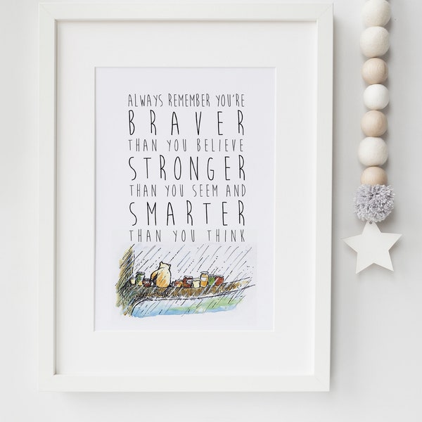 Winnie the Pooh Personalised Quote Braver Stronger Nursery Birth New Baby Picture Print Christening Gift Unframed