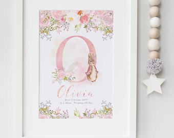 Peter Rabbit Beatrix Potter Personalised Floral Initial Baby Name Nursery Birth New Baby Picture Print Christening Gift Unframed