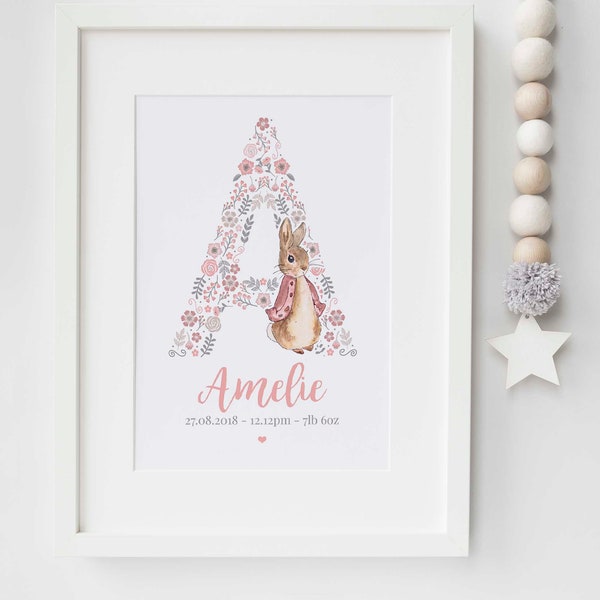 Peter Rabbit Nursery Print | Floral Initial, Personalized Baby Gift (Digital or Physical)